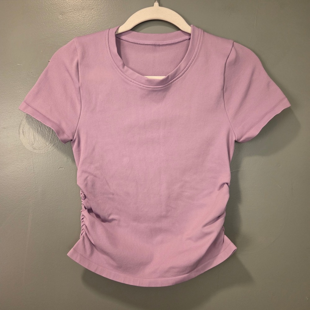 OQQ Women's Ribbed Short Sleeve Shirt Ruched Sides Size M‎ Purple Active